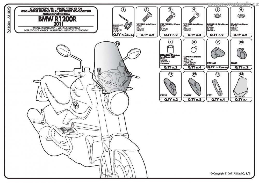 A5100A - montážní sada plexi Kappa - BMW R 1200 R (11-14) - Kliknutím na obrázek zavřete